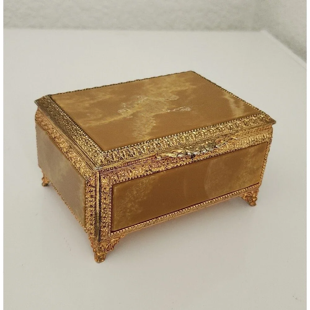 Sankyo MELE Japan Trinket Box Square Shaped w/Green Bakelite Marble Top